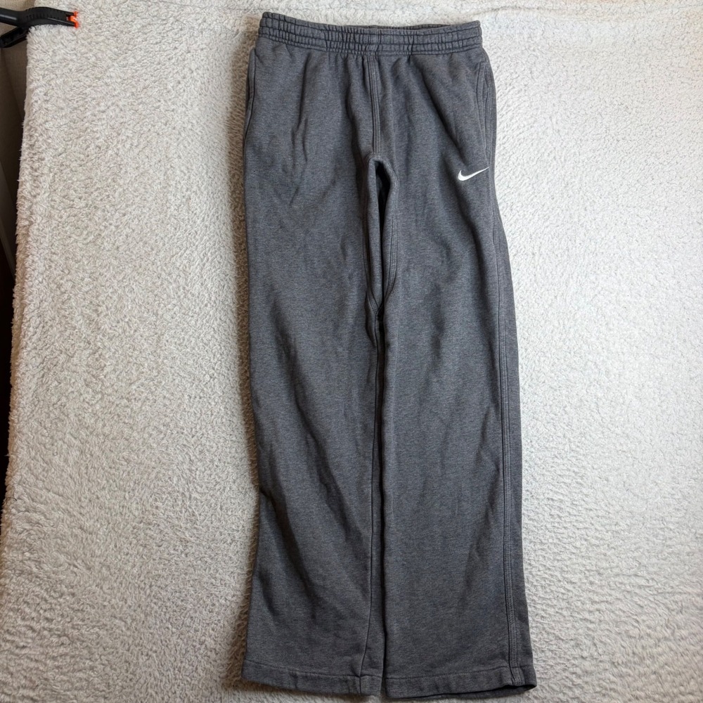 Nike Mens Fleece Sweatpants Charcoal Gray Open Leg Swoosh Size Small Baggy